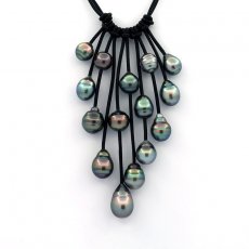 Leather Necklace and 15 Tahitian Pearls Ringed B & C from 9.3 to 11.3 mm