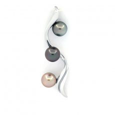 Rhodiated Sterling Silver Pendant and 3 Tahitian Pearls Round C from 8.2 to 8.4 mm