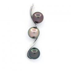 Rhodiated Sterling Silver Pendant and 3 Tahitian Pearls Round B/C & C 8.2 mm