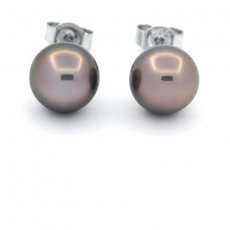 Rhodiated Sterling Silver Earrings and 2 Tahitian Pearls Round C 8.4 mm