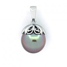 Rhodiated Sterling Silver Pendant and 1 Tahitian Pearl Semi-Baroque B/C 11 mm