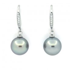 Rhodiated Sterling Silver Earrings and 2 Tahitian Pearls Round C 9.6 mm