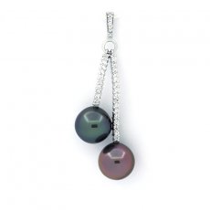 Rhodiated Sterling Silver Pendant and 2 Tahitian Pearls Semi-Baroque B+ 10 mm