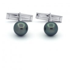 Rhodiated Sterling Silver Cufflinks and 2 Tahitian Pearls Semi-Baroque B and C 10.2