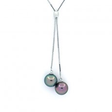Rhodiated Sterling Silver Necklace and 2 Tahitian Pearls Round B 8.6 mm