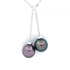 Rhodiated Sterling Silver Necklace and 2 Tahitian Pearls Semi-Baroque B 9.2 mm