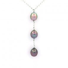 Rhodiated Sterling Silver Necklace and 3 Tahitian Pearls Semi-Baroque B from 9 to 9.2 mm