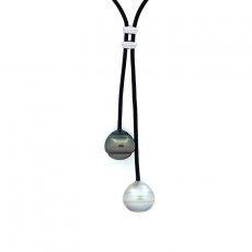 Leather Necklace and 2 Tahitian Pearls Ringed C 13.2 and 13.9 mm