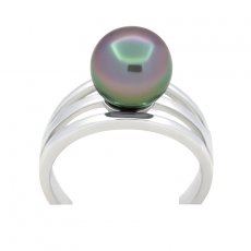 Rhodiated Sterling Silver Ring and 1 Tahitian Pearl Round B 9.5 mm