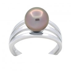 Rhodiated Sterling Silver Ring and 1 Tahitian Pearl Round B 9.3 mm