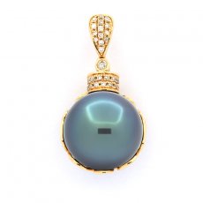 18K solid Gold Pendant + 35 diamonds and 1 Tahitian Pearl Round A/B 14 mm