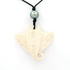 Cotton necklace, bone pendant and 1 Tahitian Pearl Near-Round C 9.6 mm