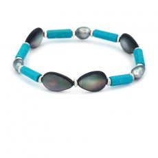 Bracelet with 3 Tahitian Keshi Pearls, Silver, Turquoise, and Mother of Pearl