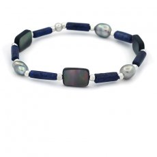 Bracelet with 3 Tahitian Keshi Pearls, Silver, Lapis Lazuli, and Mother of Pearl