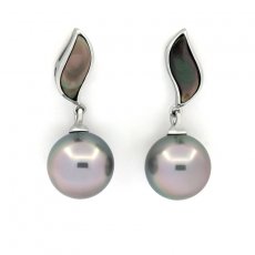 Rhodiated Sterling Silver Earrings and 2 Tahitian Pearls Round C 10.3 mm