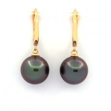 18K solid Gold Earrings and 2 Tahitian Pearls Round 1 A+ and 1 B+ 9.9 mm