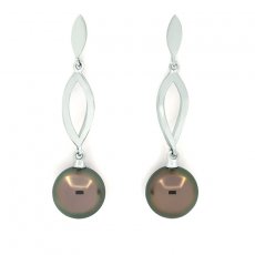 Rhodiated Sterling Silver Earrings and 2 Tahitian Pearls Round C 10.4 mm