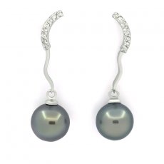 Rhodiated Sterling Silver Earrings and 2 Tahitian Pearls Round 1 B & 1 C 9.6 mm