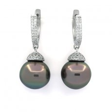 Rhodiated Sterling Silver Earrings and 2 Tahitian Pearls Semi-Baroque 1 B and 1 C 12.6 mm