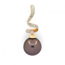 14K solid Gold Pendant + 15 Diamonds and 1 Tahitian Pearl Semi-Baroque B 11.9 mm