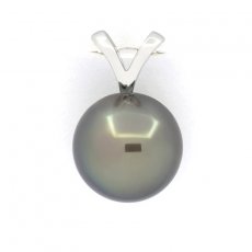 18K solid White Gold Pendant and 1 Tahitian Pearl Round B 10.2 mm