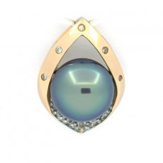 14K Solid Gold Pendant + 12 diamonds and 1 Tahitian Pearl Near-Round B 10.2 mm