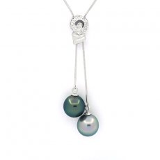 Rhodiated Sterling Silver Necklace and 2 Tahitian Pearls Semi-Baroque 1 A and 1 B 10.3 mm