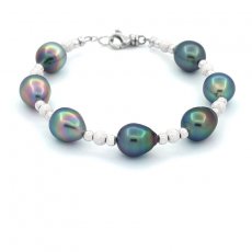 Rhodiated Sterling Silver Bracelet and 7 Tahitian Pearls Semi-Baroque B+ from 9 to 9.5 mm