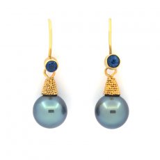 18K solid Gold Earrings and 2 Tahitian Pearls Round B+ 9.3 mm