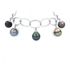 Rhodiated Sterling Silver Bracelet and 5 Tahitian Pearls Ringed C from 11.5 to 11.9 mm