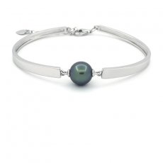 Rhodiated Sterling Silver Bracelet and 1 Tahitian Pearl Near-Round C 10 mm