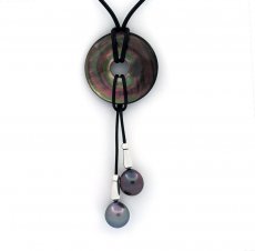 Leather Necklace, Mother-of-pearl and 2 Tahitian Pearls Semi-Baroque C of 10 and 10.2 mm