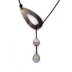 Leather Necklace, Mother-of-pearl and 2 Tahitian Pearls Semi-Baroque C of 9 and 10 mm