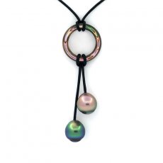 Leather Necklace, Mother-of-pearl and 2 Tahitian Pearls Semi-Baroque B 9.3 mm