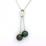 Rhodiated Sterling Silver Necklace and 2 Tahitian Pearls Round C+ 10.7 mm